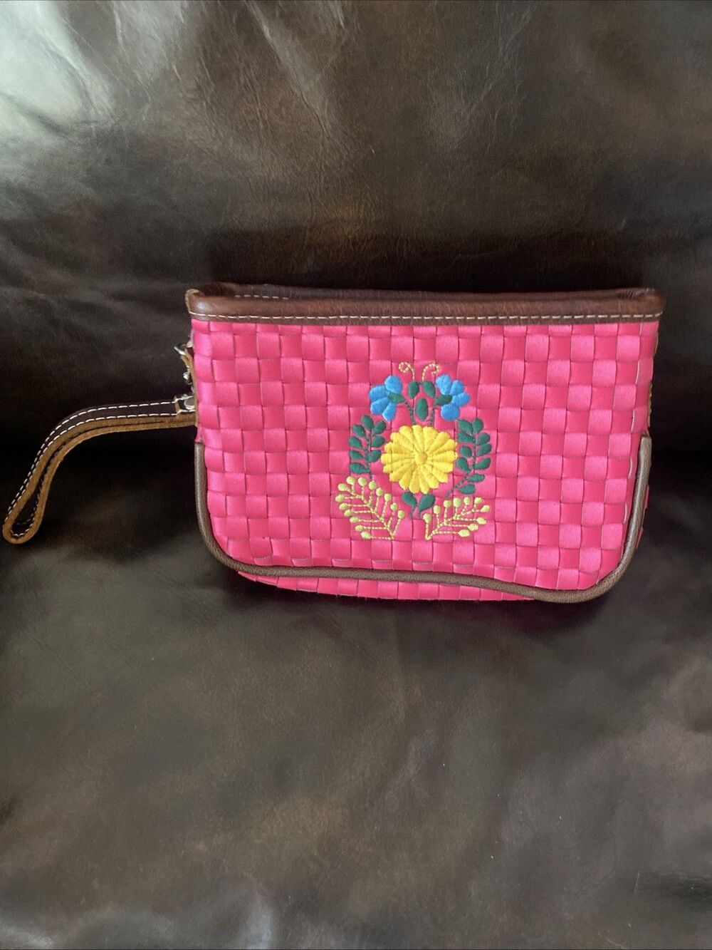 Consuela Wristlet Pink Woven  Clutch Brown Leather Trim Embroidered Floral